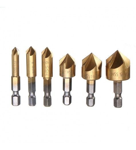 6pcs 6mm-19mm 5 Flute Countersink Drill Bit Set 90 Counter Sink Chamfer Cutter 1/4 Inch Hex Shank