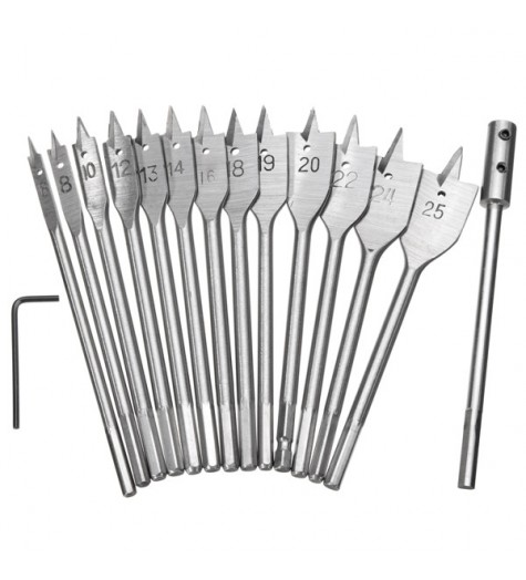 13pcs 6-25mm Wood Spade Flat Drill Bits with Extension Rod 1/4 Inch Hex Shank