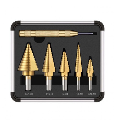 6pcs HSS Titanium Coated Step Drill With Center Punch Drill Set Hole Cutter Drilling Tool
