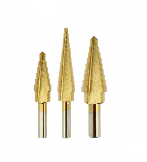 3pcs Round Shank Titanium Coated Step Drill Bit Set 3/16-1/2 1/8-1/2 1/4-3/4 Step Drill