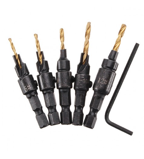5pcs HSS 5/6/8/10/12 Countersink Chamfer Drill Bit Set Pilot Hole Woodworking Tool